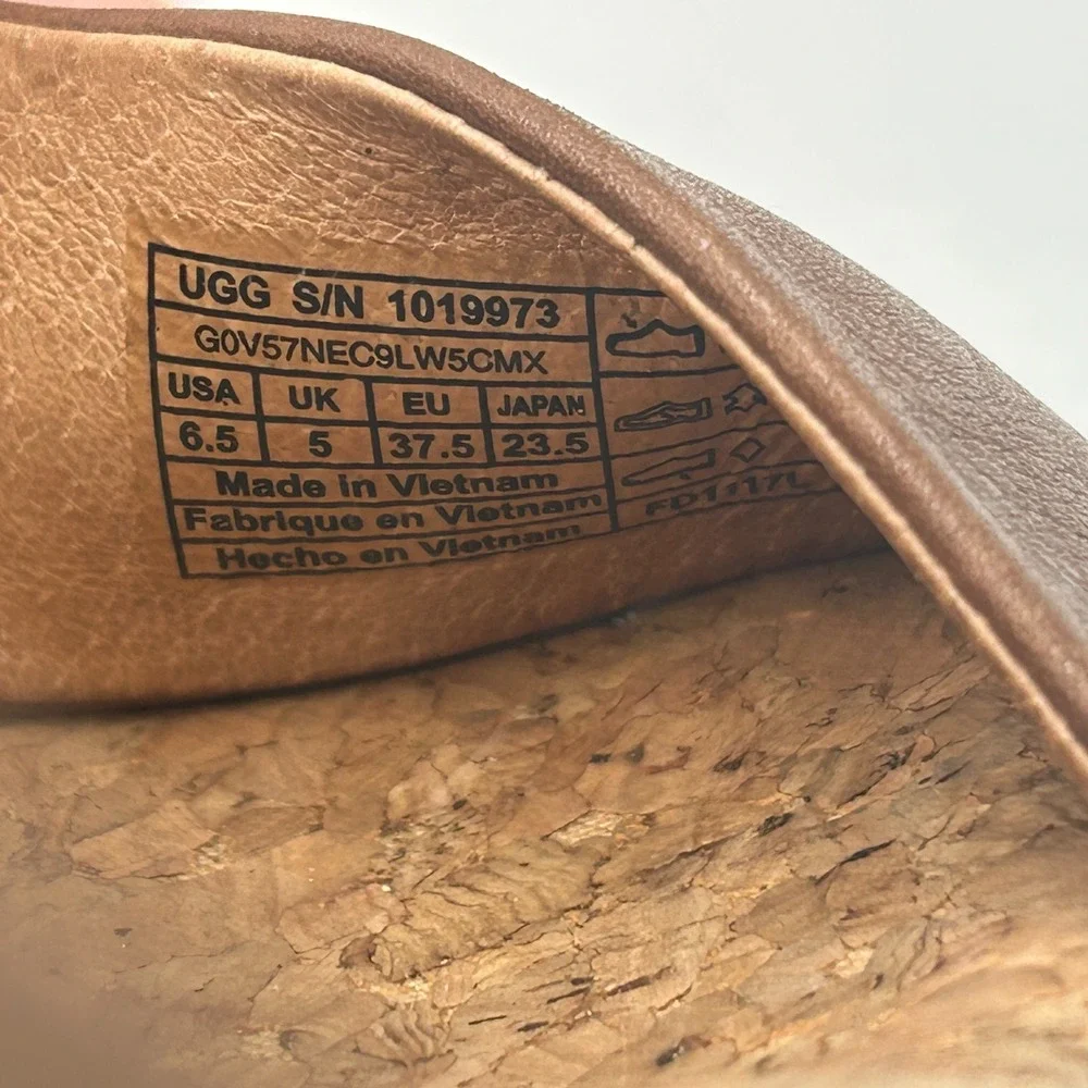 UGG Wedge Sandal Zoe Tassel Zipper Tan Heel 1019973 Ankle Cork Brown Leather 6.5